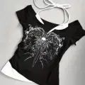 Siyah Gothic Skeleton Yaka Ek Askılı Kısa Kollu Full Body Crop
