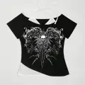 Siyah Gothic Skeleton Yaka Ek Askılı Kısa Kollu Full Body Crop