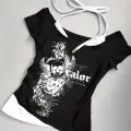 Siyah Gothic Victory Love Yaka Ek Askılı Kısa Kollu Full Body Crop