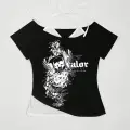 Siyah Gothic Victory Love Yaka Ek Askılı Kısa Kollu Full Body Crop