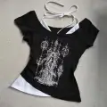 Siyah Gotik Wizard Angel Beyaz Ekli Y2K Kısa Kollu Crop