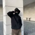 Siyah Unisex Kar Maskeli Samuray Kapüşonlu Oversize Hırka