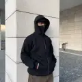 Siyah Unisex Kar Maskeli Samuray Kapüşonlu Oversize Hırka