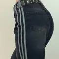Siyah Yıkamalı Şeritli Bol Paça Kot Pantolon