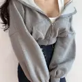 Fermuarlı Uzun Kollu Gri Crop Hırka