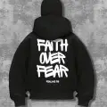 Unisex Oversize Siyah Fait Over Fear Baskılı Maskeli Hoodie