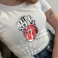 Y2K Sokak Stili Beyaz Kadın Rolling Stones Desenli Kısa Kollu Crop Body
