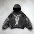 Yıkamalı Devil Winged Gothic Kapüşonlu Sweatshirt