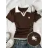Kahverengi Solo Polo Yaka Beyaz Yakalı Bluz
