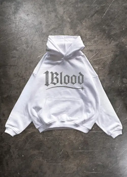 1Blood Beyaz Taş Baskılı Oversize Unisex Kapüşonlu Sweatshirt