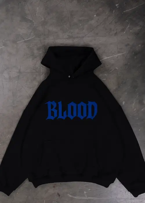 1Blood Mavi Taş Baskılı Oversize Unisex Kapüşonlu Sweatshirt