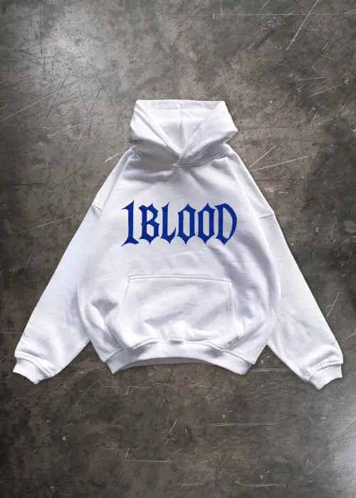 1Blood Mavi Taş Baskılı Oversize Unisex Kapüşonlu Sweatshirt