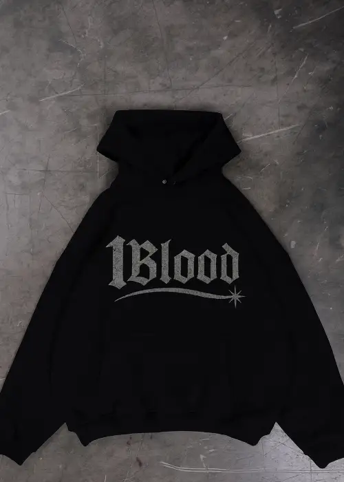 1Blood Siyah Taş Baskılı Oversize Unisex Kapüşonlu Sweatshirt