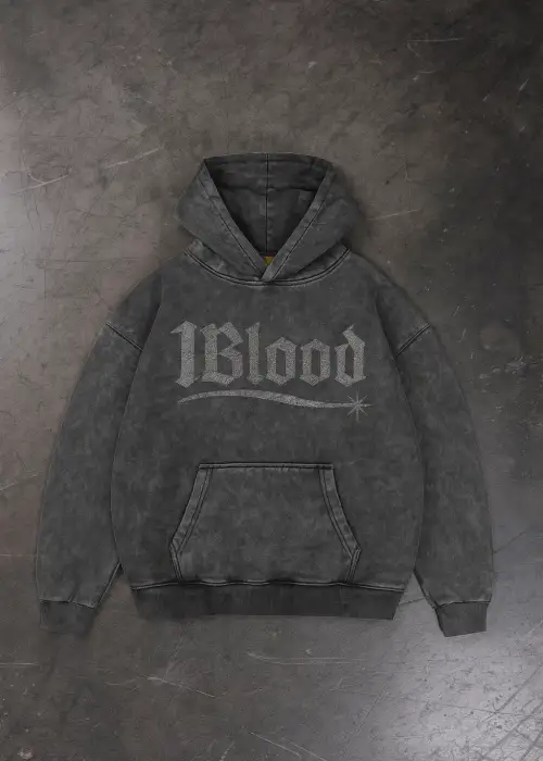 1Blood Yıkamalı Beyaz Taş Baskılı Oversize Unisex Kapüşonlu Sweatshirt