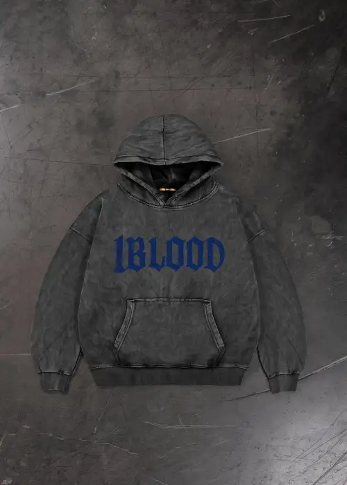 1Blood Yıkamalı Taş Baskılı Oversize Unisex Kapüşonlu Sweatshirt