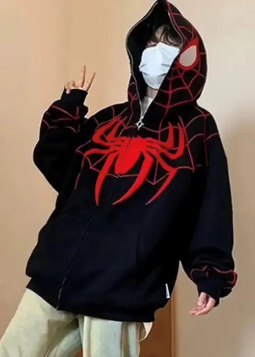 SİYAH KAPÜŞONLU KIRMIZI SPİDERMAN MASKE HIRKA
