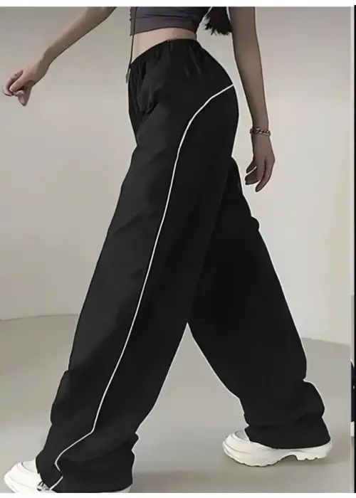 SİYAH BELİ LASTİKLİ ŞERİTLİ PARAŞÜT BAGGY PANTOLON