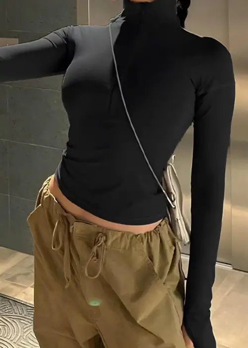 FERMUARLI UZUNKOL SİYAH SANDY BLUZ