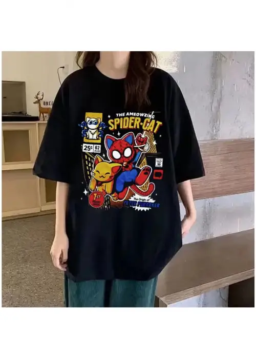Siyah Renk Unisex Spider Cat Desenli Tişört