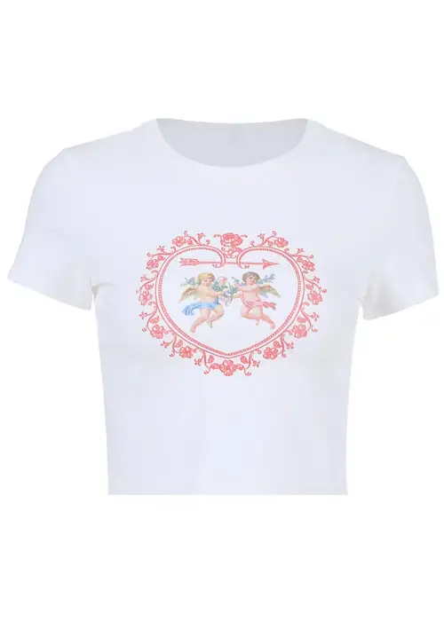 Vintage Beyaz Ikili Melek Kalp Crop