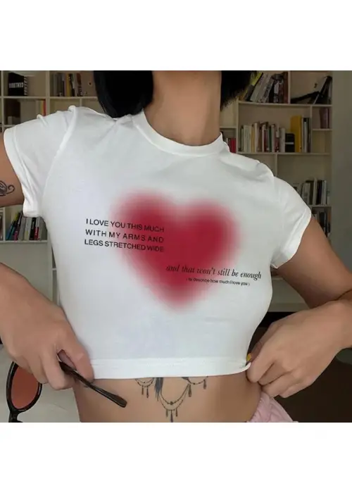 KALPLİ HEART BASKILI BEYAZ CROP