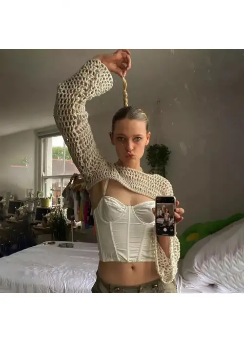 Bej File Örgü Bolero