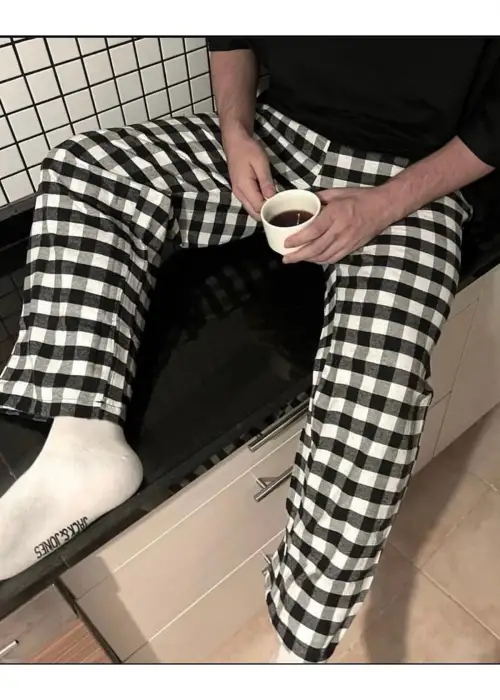 SİYAH BEYAZ Kare Desenli Eşofman Altı