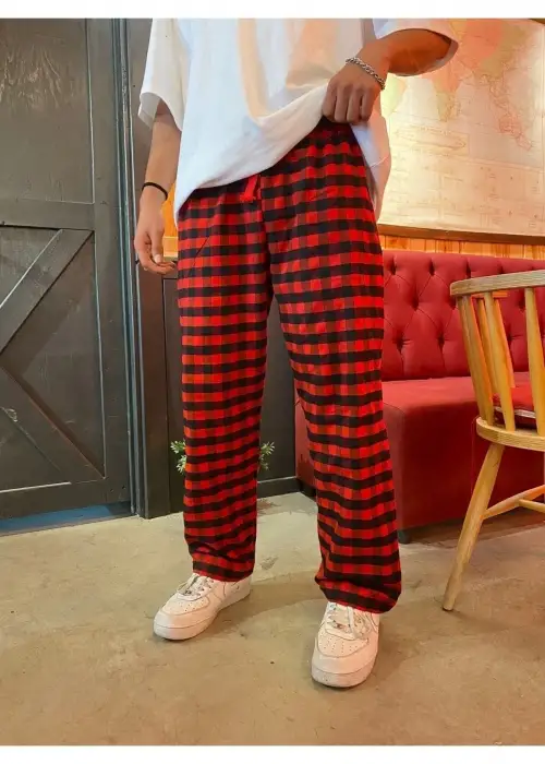 Kırmızı Ekose Desen Bel Lastikli Kırmızı Pijama