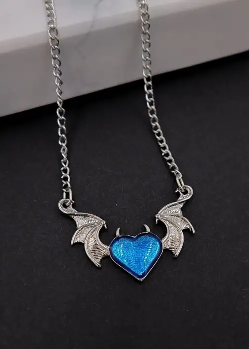 Gothic Heart Decor Mavi Kalp Devil Çift Kanatlı Kolye