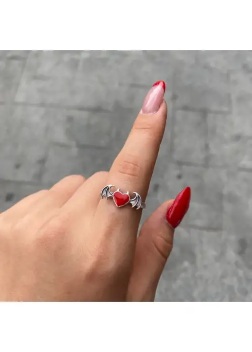 Gothic Kalp Heart Decor Çift Kanat Unisex Ayarlanabilir Yüzük