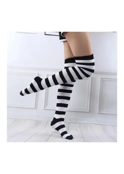 Siyah-beyaz Diz Üstü Çizgili Çorap 1blood