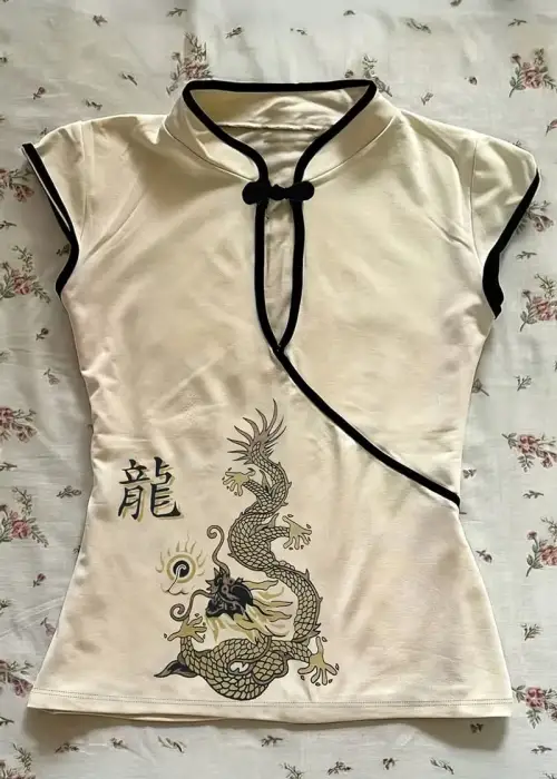 Ekru Mandarin Yaka Ejderha Motifli Vintage Kısa Kollu Crop