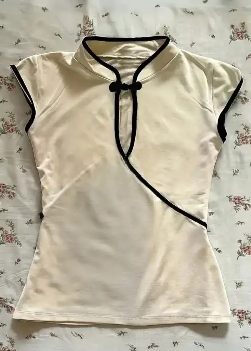 Ekru Mandarin Yaka Vintage Kısa Kollu Crop