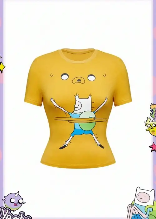 Sarı Adventure Time Fin and Jack Y2K Kısa Kollu Crop