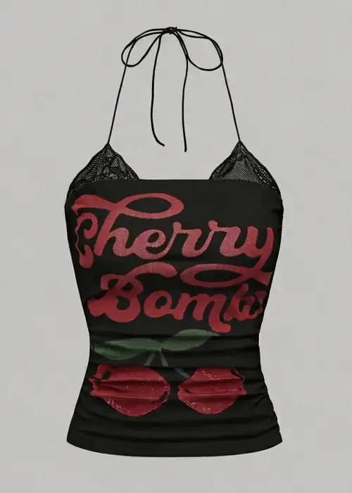 Siyah Cherry Bomb Dantelli Ek Askılı Crop