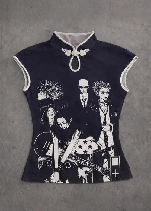 Siyah Anime Nana Qipao Vintage Y2K Kısa Kollu Crop
