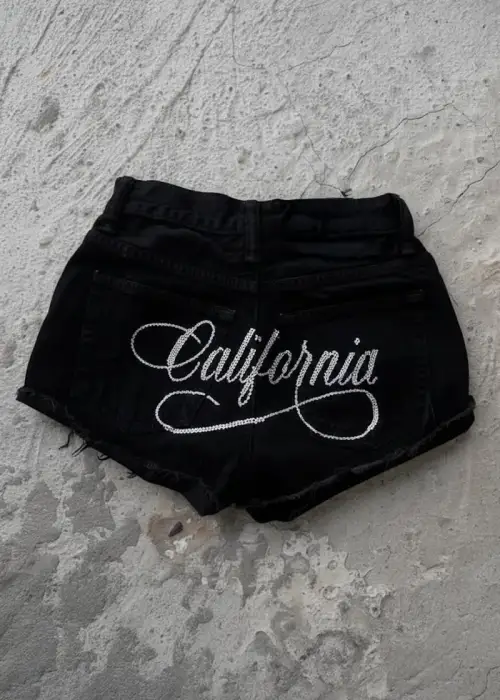 Siyah California Taşlı Y2K Mini Şort