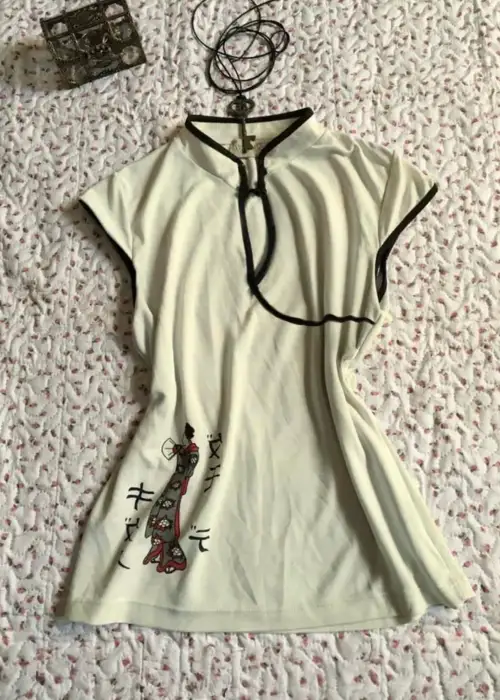 Ekru Mandarin Yaka Vintage Geisha Baskılı Y2K Kısa Kollu Crop