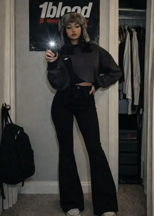 Yüksek Bel İspanyol Paça Siyah Vintage Jean