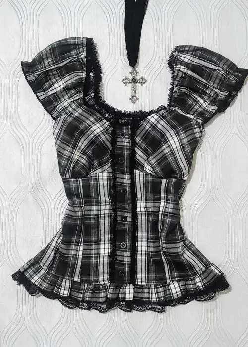 Siyah Beyaz Ekoseli Vintage Dantelli Kare Yaka Y2K Kısa Kollu Crop