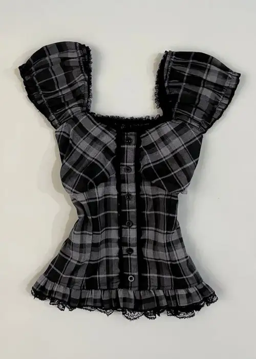 Siyah Antrasit Ekoseli Vintage Dantelli Kare Yaka Y2K Kısa Kollu Crop