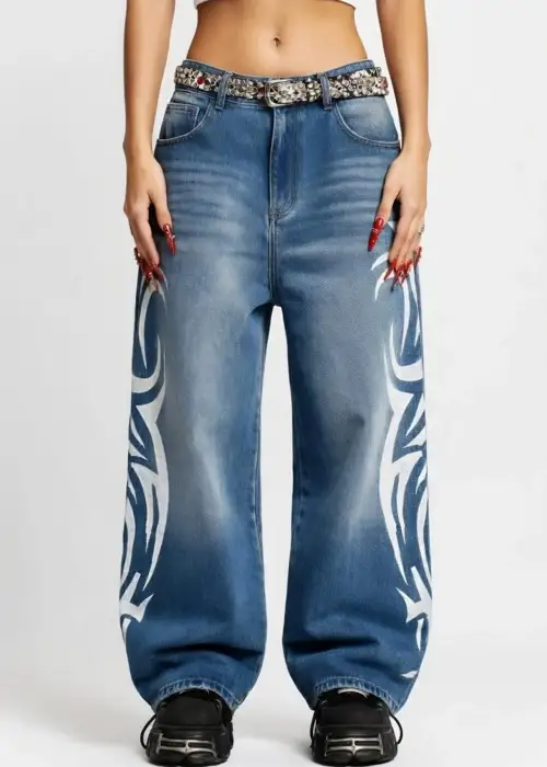 Tribal Detaylı Blue Unisex Baggy Jean