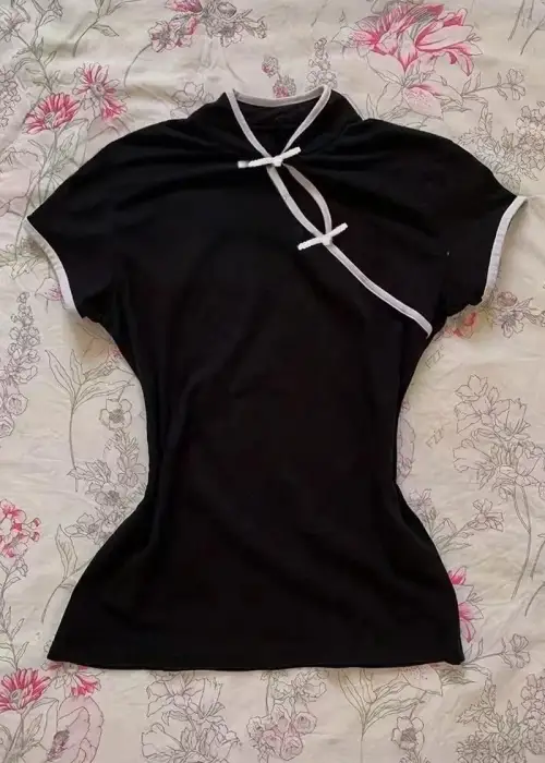 Siyah Çin Yakalı Beyaz Şeritli Vintage Y2K Kısa Kollu Crop