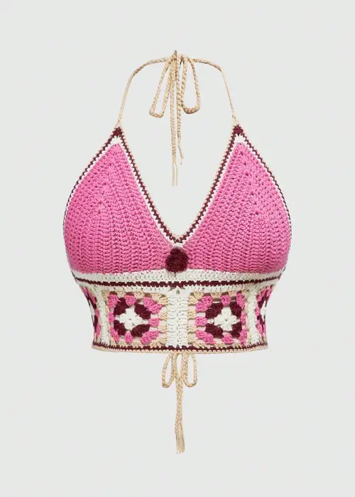 Boho Pink El Örgü Detaylı Üçgen Crop Top