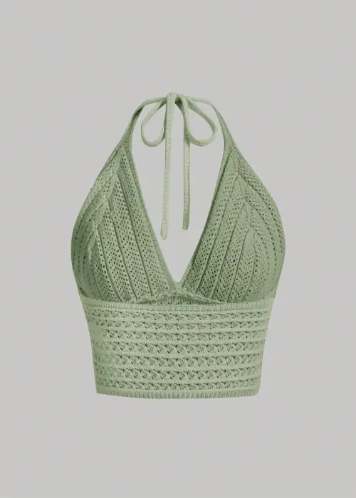 El Örgüsü Halter Yaka Yeşil Crop Top