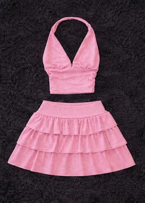 Pembe Ashley Sim Detaylı Şort Etek Bluz Takım