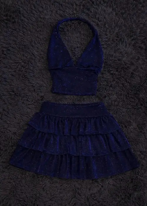 Lacivert Ashley Sim Detaylı Şort Etek Bluz Takım