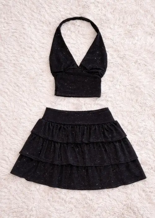 Siyah Ashley Sim Detaylı Şort Etek Bluz Takım