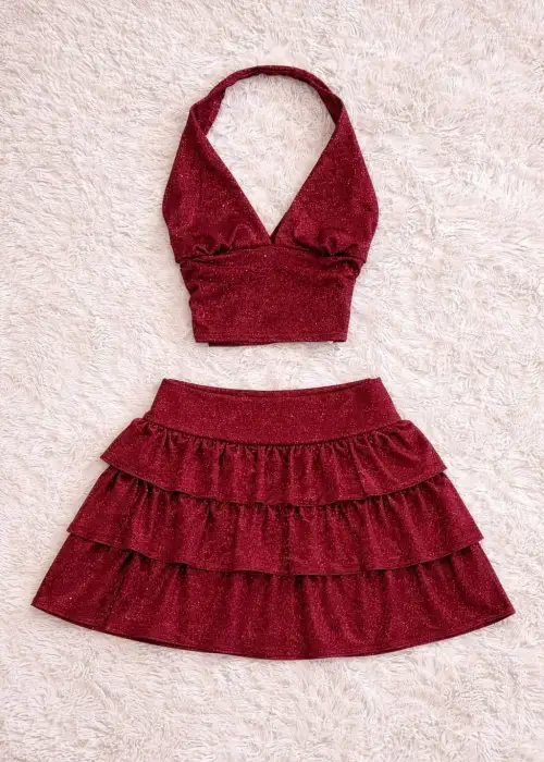 Kırmızı Ashley Sim Detaylı Şort Etek Bluz Takım