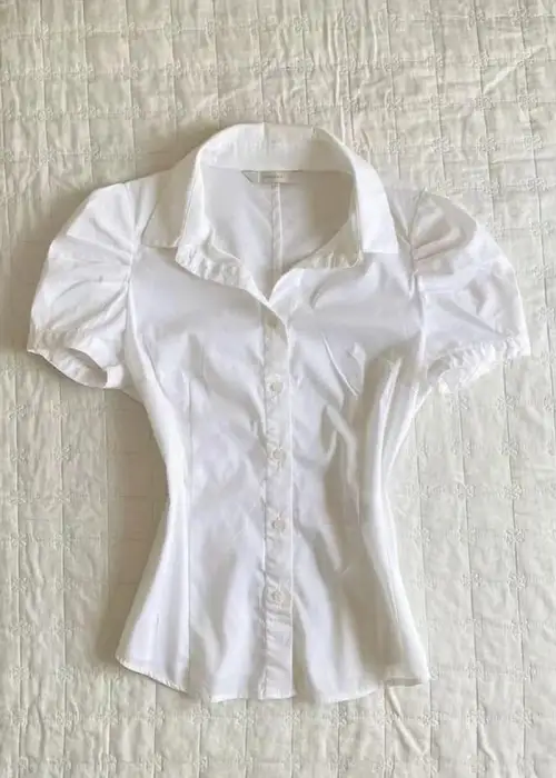Beyaz Vintage Mini Puff Sleeve Goth Y2K Kısa Kollu Gömlek